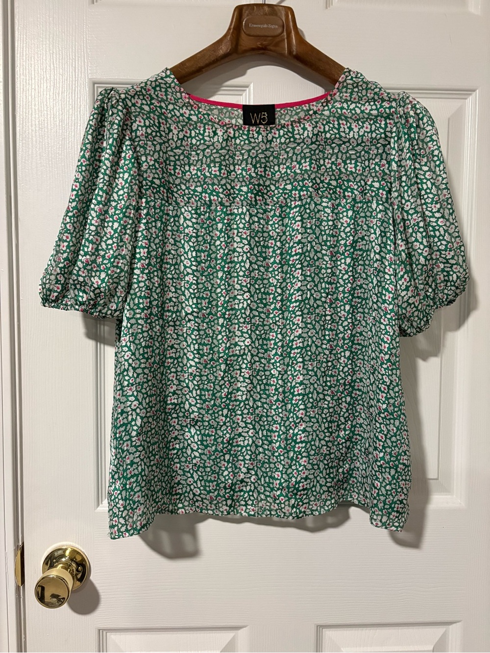 W5 Green Floral Puff Sleeve Blouse with Pink Accents